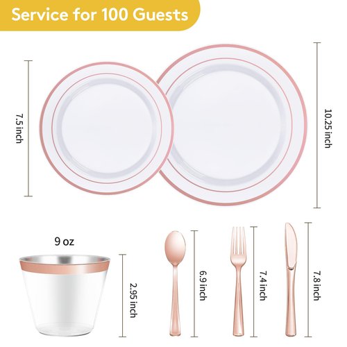 Goodluck 600 Pieces Rose Gold Disposable Plates for 100 Guests, Plastic Plates for Party, Wedding, Dinnerware Set of 100 Dinner Plate, 100 Salad Plates, 100 Spoons, 100 Forks, 100 Knives, 100 Cups