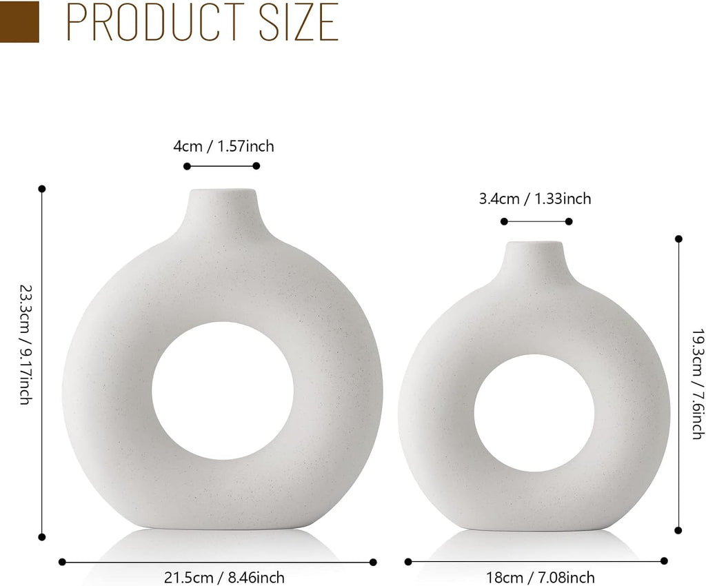 Skiennix White Ceramic Vases - Modern Circle Pampas Grass Decor | Set of 2 for Minimalist Home & Office