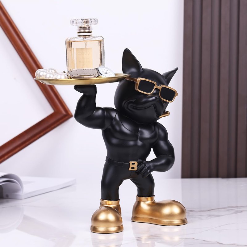 YUNSHID 13in Resin Muscle French Bulldog Statue with 2 Trays, Multi-Functional Bulldog Storage for Key Candy Jewelry, Black Dog Statue for Modern Home Decor