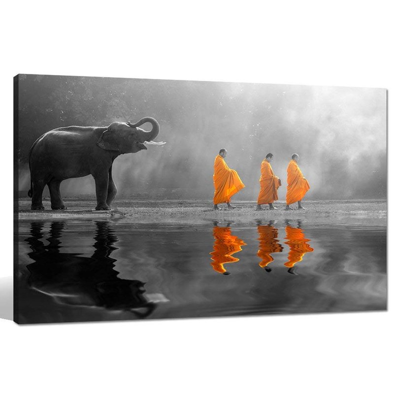 sechars - Thai Elephant Canvas Wall Art Peaceful Monk Pictures Painting Zen Massage Room Wall Decoration Framed Artwork 24"X36"