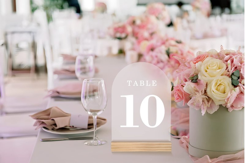 ORGANTEAM Wedding Table Numbers 1-20, Acrylic Arch Signs with Natural Wood Stands Holders, Rustic Table Decor for Reception & Parties (Frosted White)