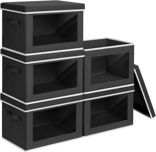 Homsorout Storage Boxes - 5 Pack Foldable Clear Window Bins | Large Decorative Containers for Clothes & Blankets - Black