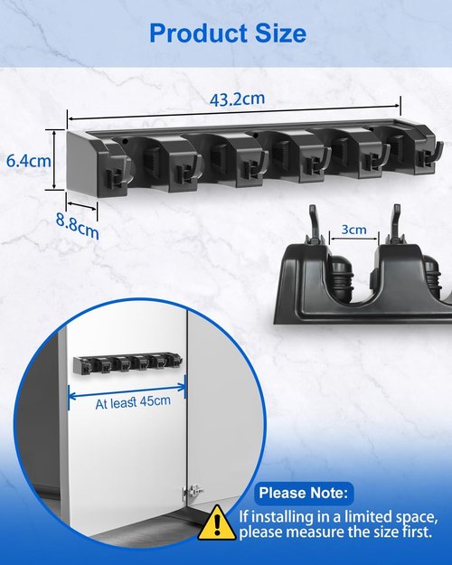 AceMining Broom Holder - Wall Mounted Mop Storage with 5 Holders & 6 Hooks | Durable ABS Plastic, Black