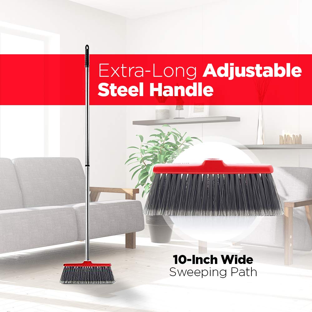 Fuller Brush Adjustable Kitchen Broom – 10" Wide Broom Head with Split-End Bristles and Steel Handle (29"–52") for Sweeping Fine Dust and Crumbs – Red (Fiesta Broom Complete)