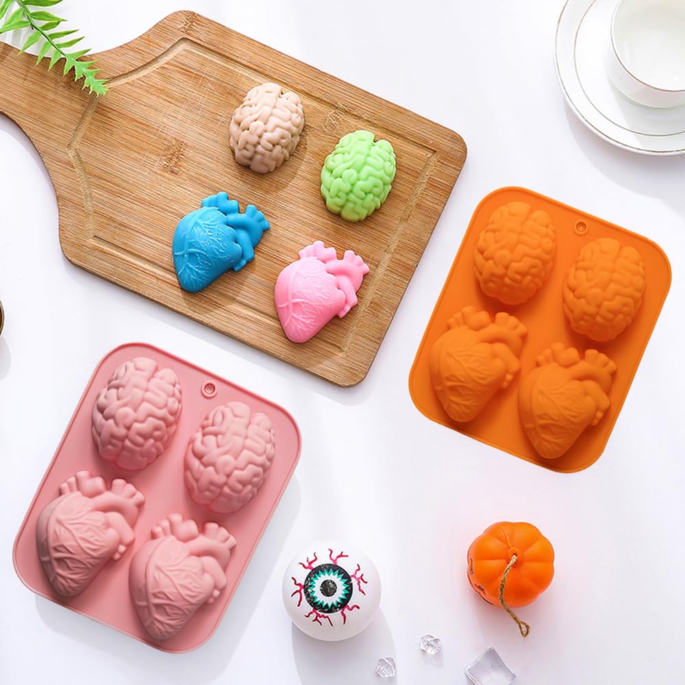 Silicone Heart and Brain Mold - 4Pcs 3D Realistic Halloween Heart and Brain Jelly Mold for Chocolate, Jelly, Pudding, Gelatin Molds