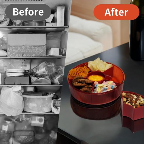 HOUSIO Snackle Box Container, Round Divided Serving Tray with lid 6parts (Red) for Veggie, Candy and Nuts Organizer, Snackle Charcuterie Boxes for Travel, Party and Picnic