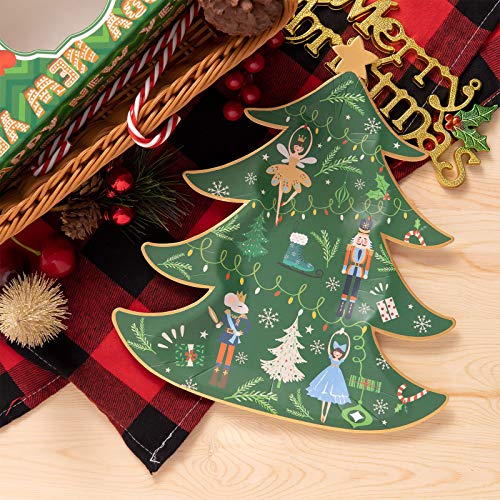 Whaline Green Xmas Tree Shape Paper Plates, 40 pcs, Gold Foil Nutcracker Holiday Party Dinnerware