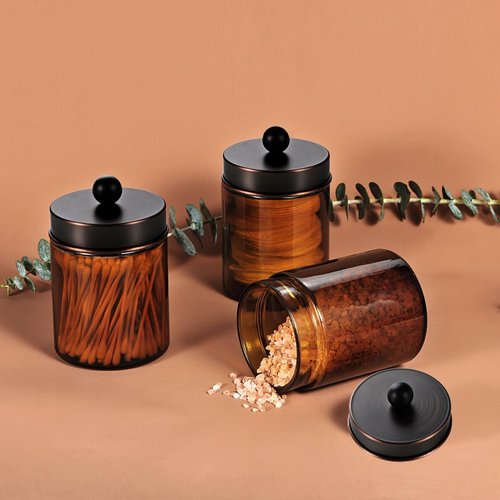 Amber Glass Qtip Holder Set | Apothecary Jars with ORB Metal Lid - Stylish Bathroom Organizer (3 Pack)