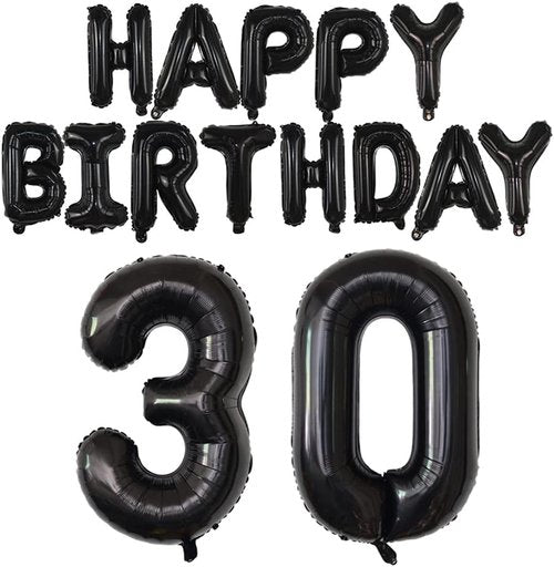 Happy Birthday Balloon Banner - 40-Inch Black Foil Mylar Balloons | 30th Birthday Party Decorations