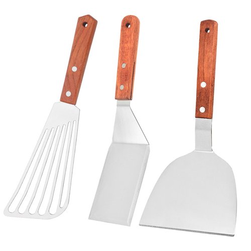 Professional 3-Piece Metal Spatula Set, Stainless Steel Slotted Fish Turner with Wooden Handle, Kitchen Flipper for Perforated and Slotted Cooking Utensils