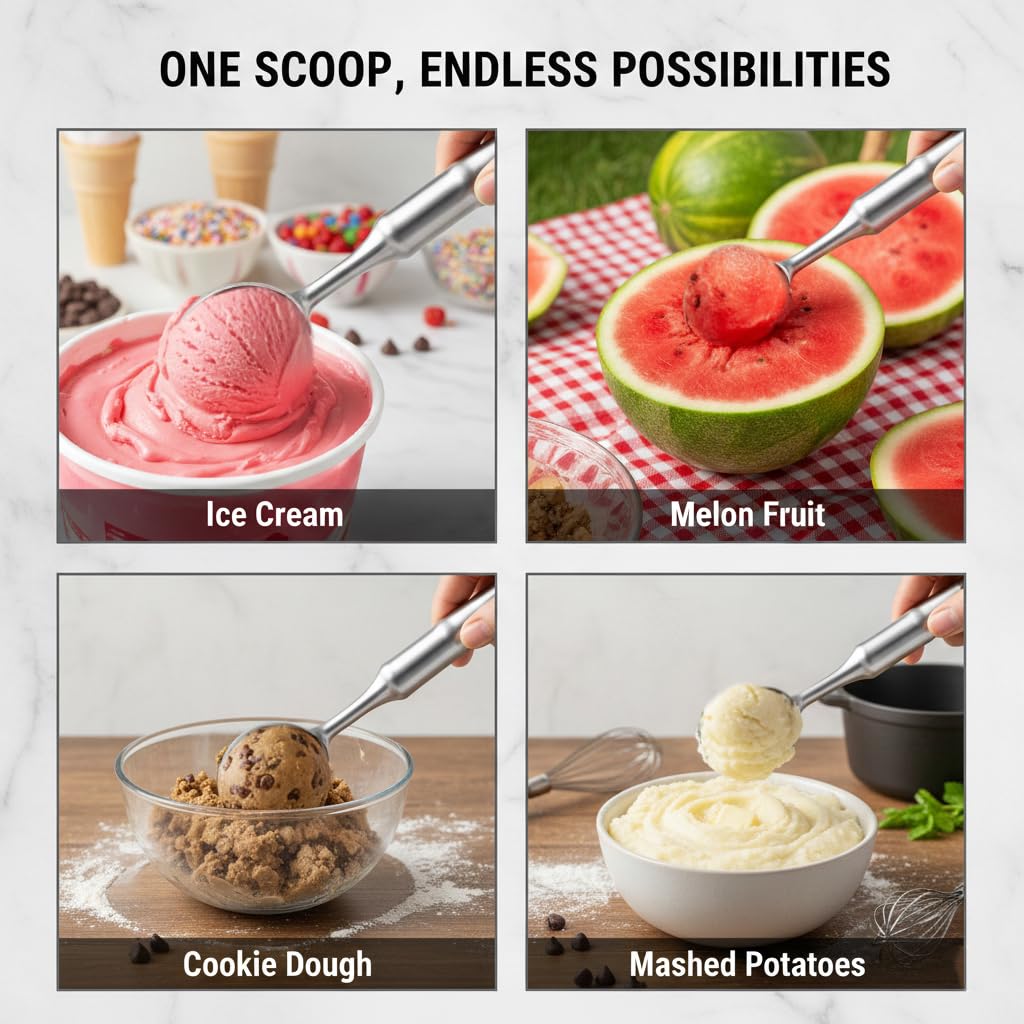 YueMiEcoUS Stainless Steel Ice Cream Scoop, Heavy Duty Ice Cream Scooper with Ergonomic Grip, 100% Dishwasher Safe One-Piece Metal Scoop for Hard Ice Cream, Gelato & Cookie Dough