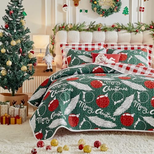 UOZZI Bedding King Size Reversible Christmas Quilt Set Green Red Feathers Plaid 101x88