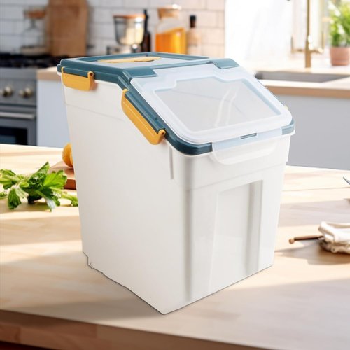 AnRui Rice Storage Container 50LB, Airtight Flour Storage Containers, Plastic Cereal Grain Dispenser Organizer Pet Food Storage Bin with Lid, Measuring Cup, Scoop, Blue, 2Pcs,Total Capacity:100LB