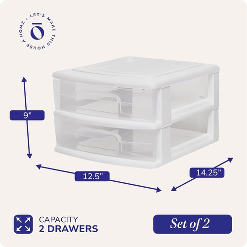 HOMZ 2-Pack Storage Cart - Clear Plastic Drawers, 14.25" Wide, White Frame | Ideal for Home & Office Organization