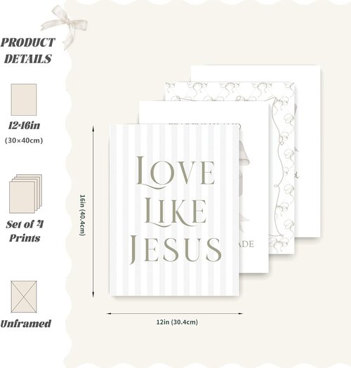 LARTSFRO Coquette Beige Bow Wall Art Decor - Inspirational Christian Posters for Teen Girls | 12x16 Inch Set of 4 (Unframed)