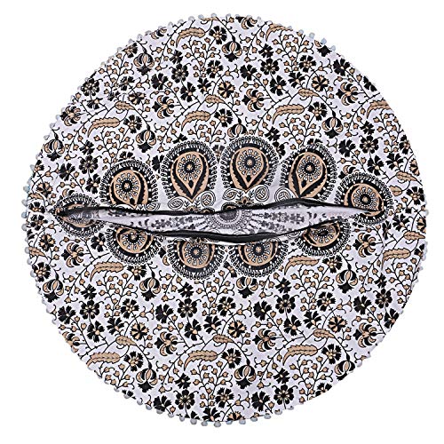 32-Inch Bohemian Mandala Floor Pillow Cover with Pom Pom Trim, Gold Black