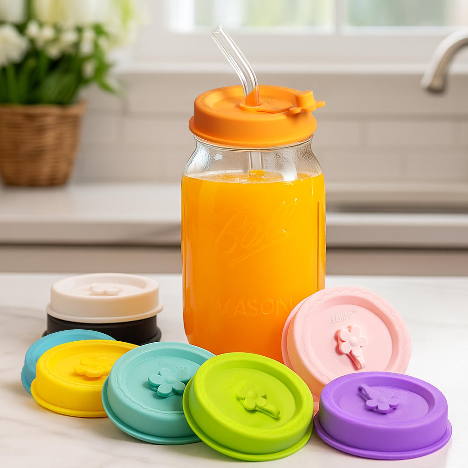 Lelife Silicone Mason Jar Lids, Regular and Wide Mouth Compatible, with Straw Hole and Stopper (Assorted Colors 8PCS)