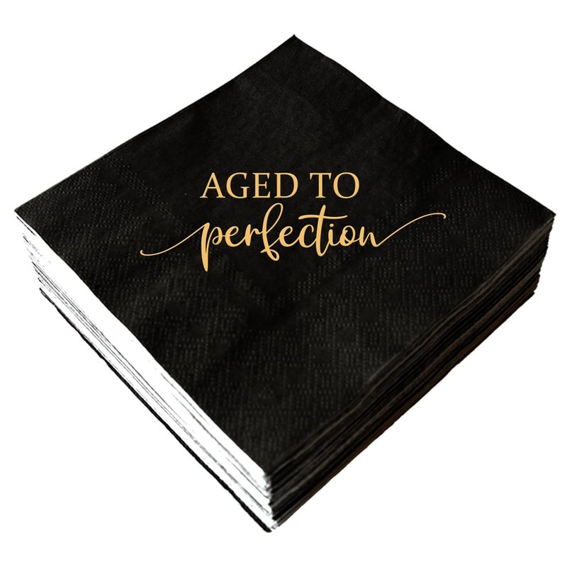 Aged to Perfection Birthday Party Disposable Paper Napkins 3-ply Gold Foil and Black Beverage Napkins for Happy Birthday Party Decorations Retirement Cocktail Napkins