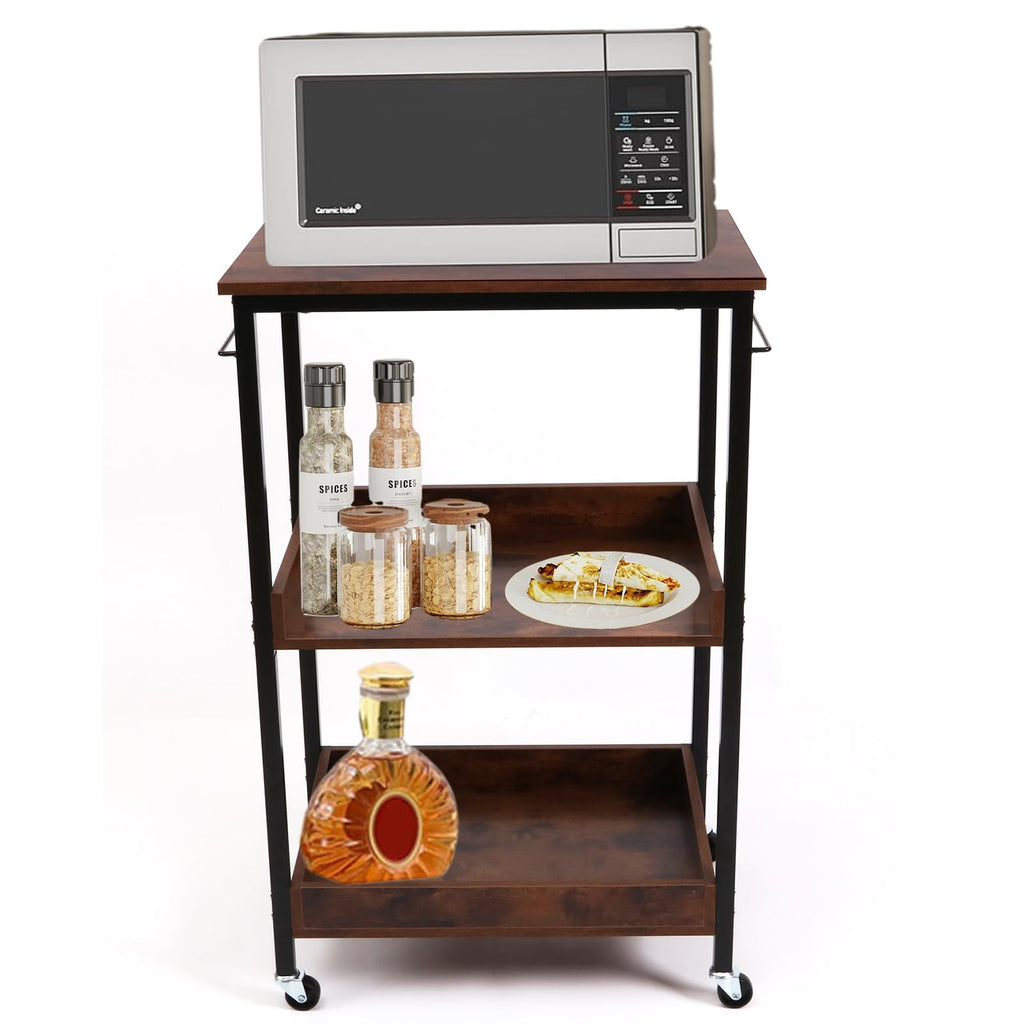 Kersiki 3-Tier Rolling Utility Cart with Table Top- Wooden Utility Cart wit Wheels- Kitchen Storage Microwave Table Stand, Mesh Shelves, for Living and Kitchen Room Office (Brown)