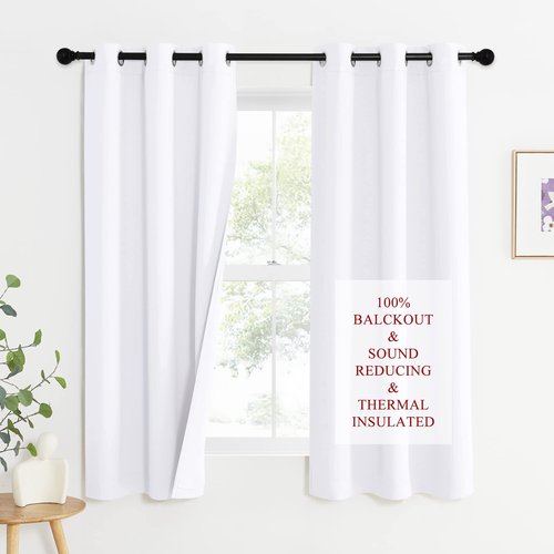 NICETOWN Sound Blocking White 100% Blackout Lined Curtains, 3 Thick Layers Completely Blackout Noise Control Window Treatment Insulated Drapes for Bedroom (1 Pair, 42 Width x 63 Length Each Panel)