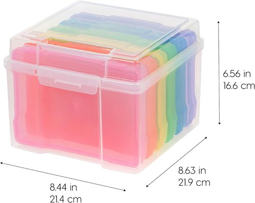 IRIS USA Photo Organizers - 5" x 7" Storage Box with Handle & 6 Inner Cases for Stickers, Ephemera, & Flashcards - Clear