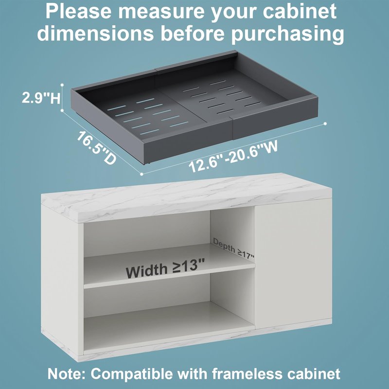 Qayfatter 2 Pack Pull Out Cabinet Organizer, Expandable 12.6"-20.6" Width, 16.5" Dx 2.9" H, Heavy Duty Carbon Steel Slide Out Drawers with 3 Silent Rails, No Drill Install, Patent US D1080100S