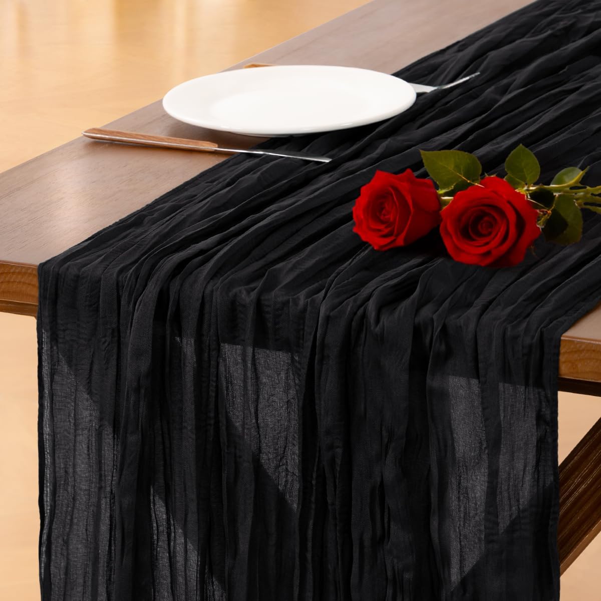 Socomi Black Cheesecloth Table Runner - 120 Inch Boho Rustic Gauze for Weddings & Events