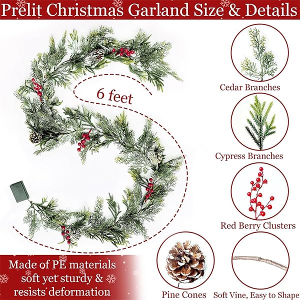 TURNMEON 6FT Flocked Cedar Garland with Lights Timer Prelit Christmas Decor