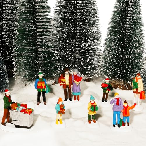 8PCS Christmas Village Figurines Set - Hand Painted Resin Miniature Decor