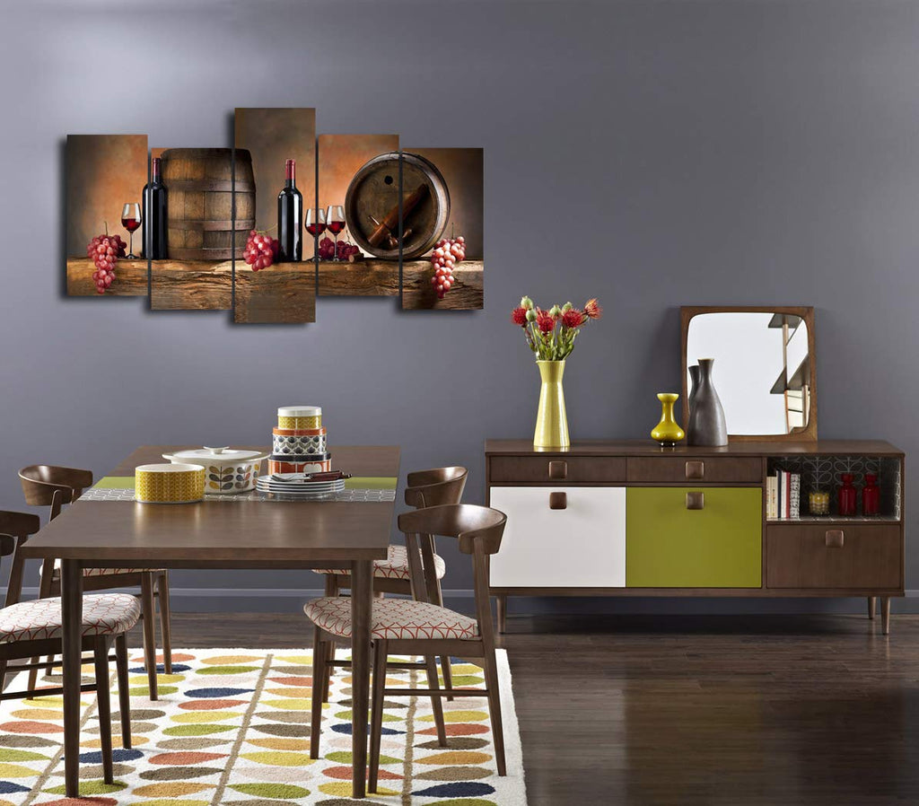 Cao Gen Decor Art-K60527 5 panels Wall Art Fruit Grape Red Wine Glass Painting on Canvas Stretched and Framed Canvas Prints Ready to Hang for Dining Room Art Wall Decor Artwork