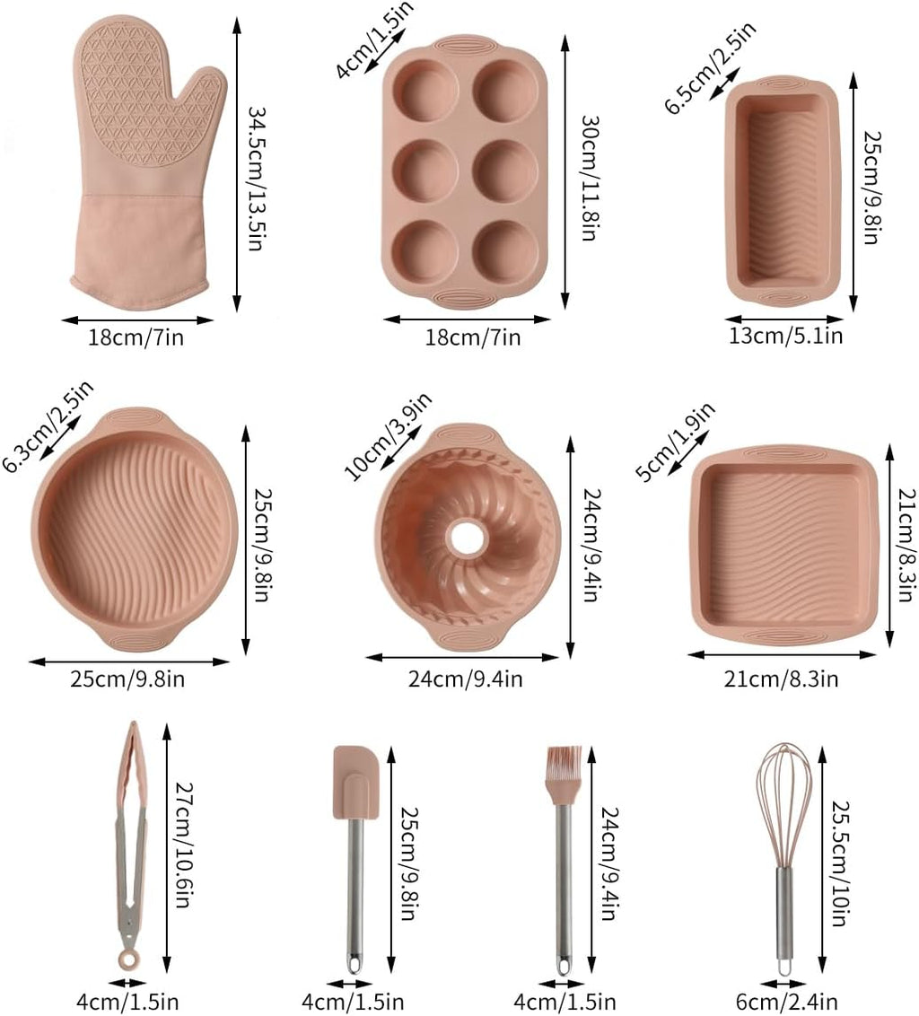 Skiennix 10-in-1 Nonstick Silicone Baking Set - BPA Free Heat Resistant Molds for Muffins, Loaves, and More (Pink)