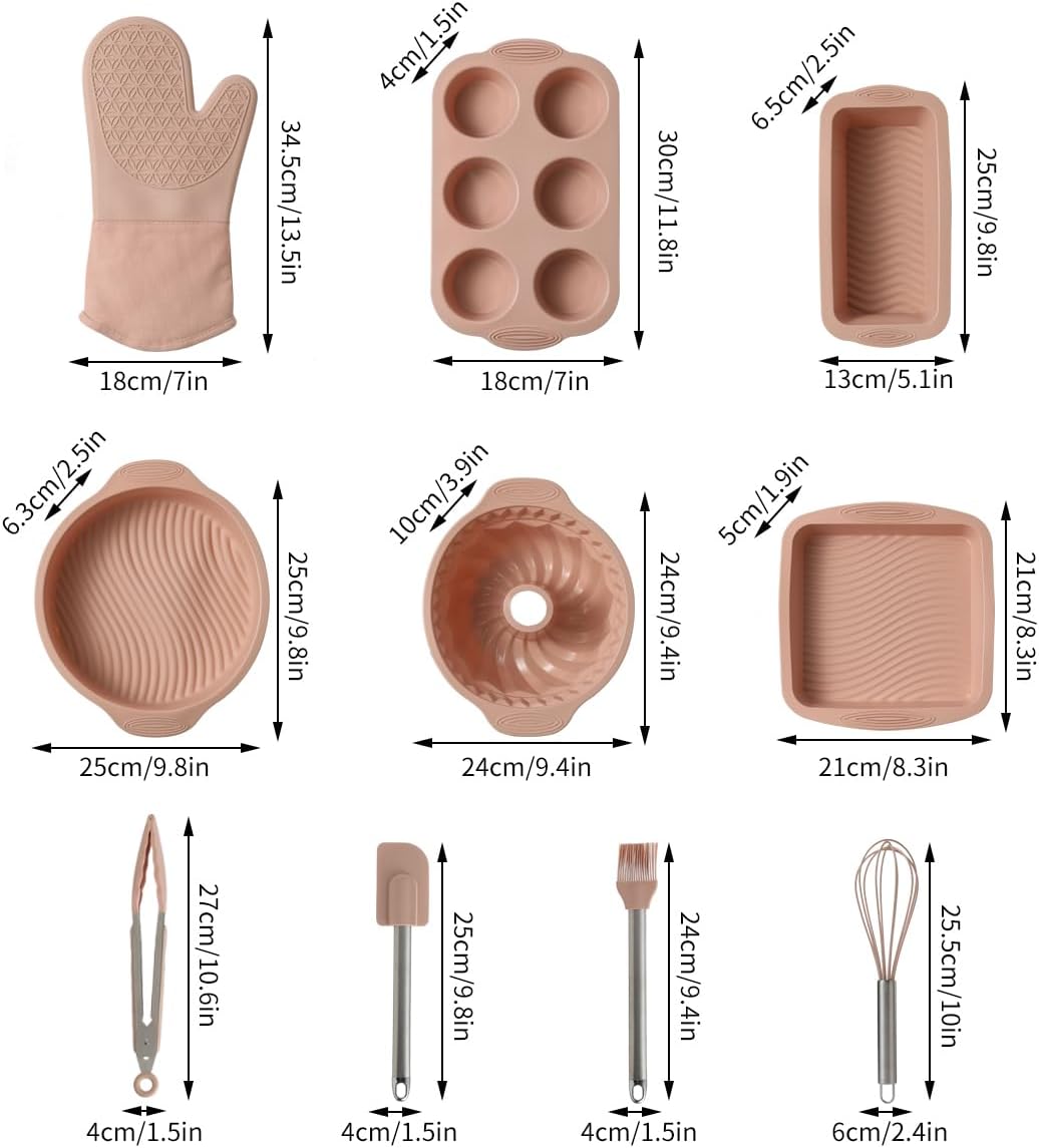 Skiennix 10-in-1 Nonstick Silicone Baking Set - BPA Free Heat Resistant Molds for Muffins, Loaves, and More (Pink)