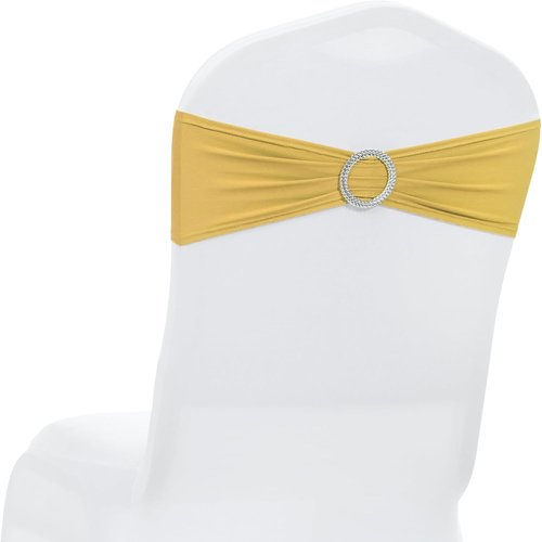 MDS-MEGADECORSUPPLY Chair Sashes - 100 Pack Gold Spandex Stretch Covers with Buckle Slider for Weddings & Events
