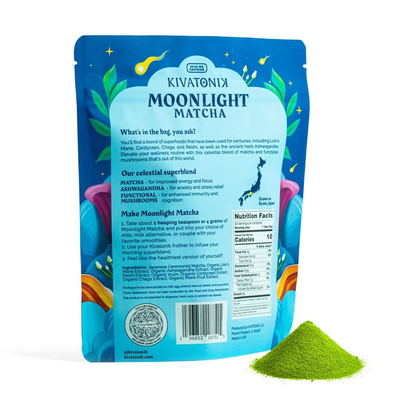 KIVATONIK Moonlight Matcha - Ceremonial Matcha with Organic Functional Mushrooms and Adaptogens - Lion's Mane, Cordyceps, Chaga, Reishi, and Ashwagandha (32 Servings, Lightly Sweetened)