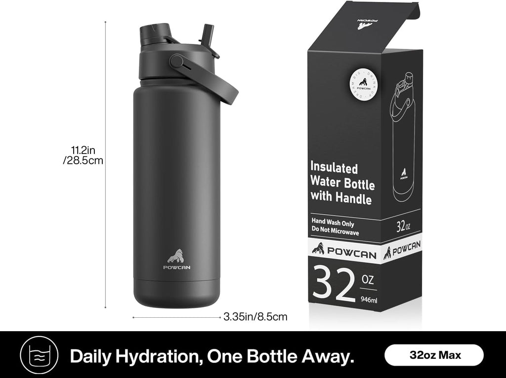 POWCAN 32 oz Insulated Water Bottle - 2-in-1 Straw & Spout Lid | Keeps Drinks Cold 24H, BPA-Free, Gilded Flutter