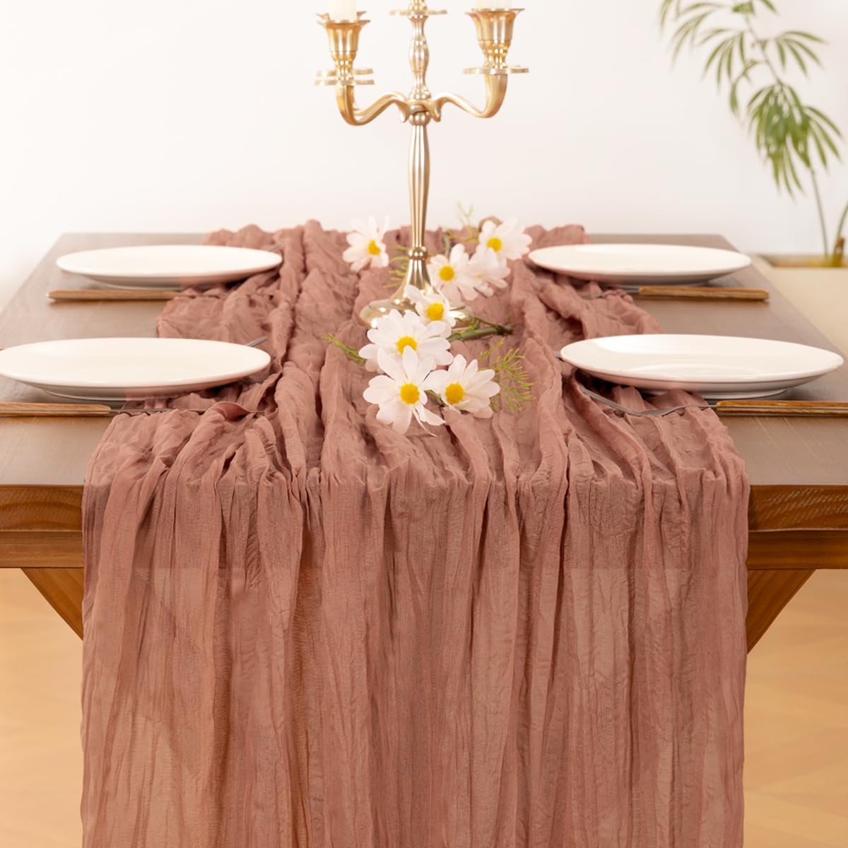 Socomi Cheesecloth Table Runner - 120 Inch Dusty Rose Boho Rustic Design for Weddings & Events
