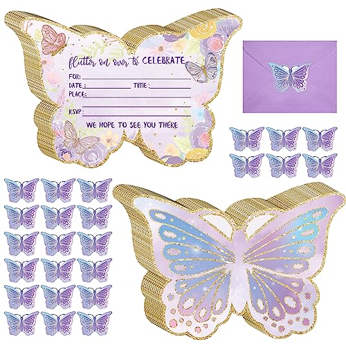 24-Pack Butterfly Birthday Party Invitations with Envelopes and Stickers