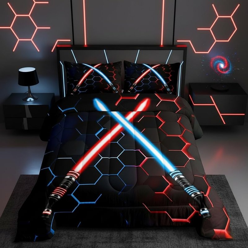 Neon Red Blue Lightsaber Bedding Set Twin Size Geometric Honeycomb Comforter Set 2Pcs for Kids Girls Boys Teens Room Decor Fashion Games Quilt Set Black 3D Hexagon Duvet Insert,1 Pillowcase