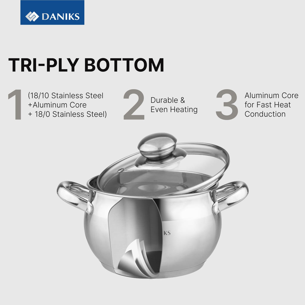 Daniks Classic 6-Piece Stainless Steel Cookware Set with Glass Lids, Tri-Ply Bases for Even Heating, Induction Compatible, Dishwasher Safe