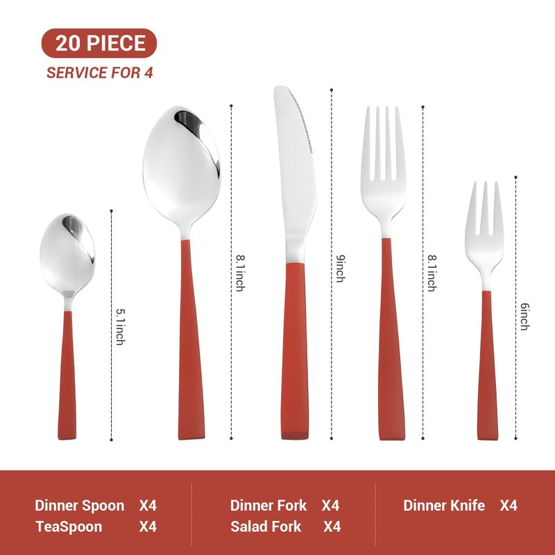 20-Piece Silverware Set Stainless Steel Flatware with Dual-Tone Handles Service for 4 Dinner Knives, Forks & Spoons Mirror Finish Dishwasher Safe (Red)