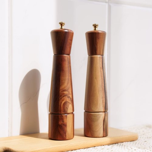 DeroTeno Salt and Pepper Mill Set with Tray, Adjustable Ceramic Grinder Salt Mill, Stainless Steel Grinder Pepper Mill, Acacia Wood, 27 cm / 10 inch Height, Bottom Dia 6 cm (Tray is Included)