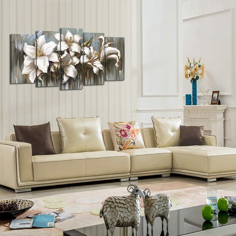 KREATIVE ARTS 5 Panel Flowers Canvas Wall Art Modern Wrapped Floral Artwork Giclee Canvas Prints White and Grey Tulip Paintings on Canvas Ready to Hang for Living Room (Large Size 60x32inch)