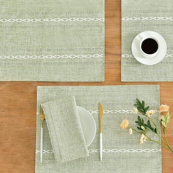 Sage Green Cotton Linen Placemats Set of 6, 12x18 Inch Embroidered Table Mats