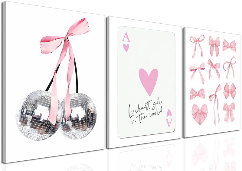 Pink Bows Wall Art Set of 3, Preppy Coquette Wall Decor, Trendy Disco Ball and Lucky Card Poster Canvas Prints for Teen Girl Apartment Bedroom Living Room Aesthetic 16x24 inch Framed