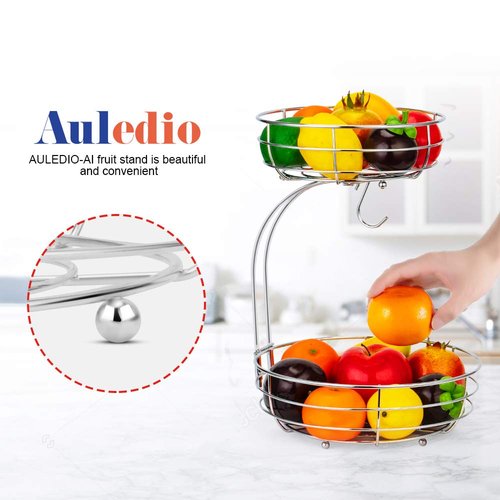 Auledio 2-Tier Countertop Fruit Vegetables Basket Bowl Storage With Banana Hanger,Chrome