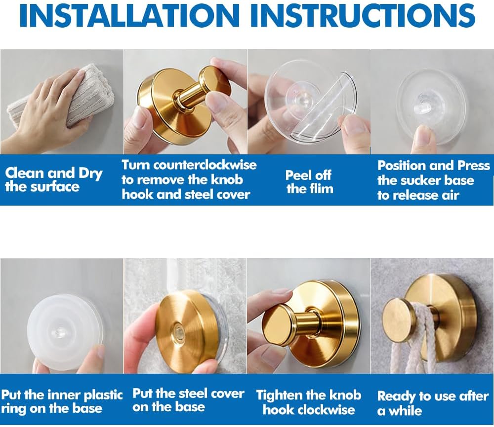 Skiennix Suction Cup Hooks - No-Drill Shower & Wreath Hangers | 2 Pack, Gold Finish for Versatile Use