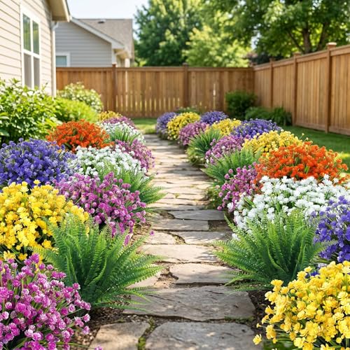 24 Bundles UV Resistant Artificial Outdoor Flowers & Faux Fern Plants