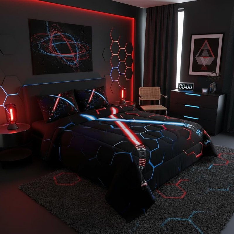 Neon Red Blue Lightsaber Bedding Set Twin Size Geometric Honeycomb Comforter Set 2Pcs for Kids Girls Boys Teens Room Decor Fashion Games Quilt Set Black 3D Hexagon Duvet Insert,1 Pillowcase