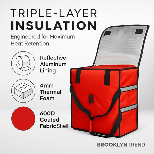 Brooklyntrend Pizza Bags for Delivery – Extra Large (20" X 20") Insulated Pizza Delivery Bag | Waterproof Pizza Warmer Carrier for Doordash, Uber Eats | Front Load, Heavy Duty (Red, 20"X20"X12")