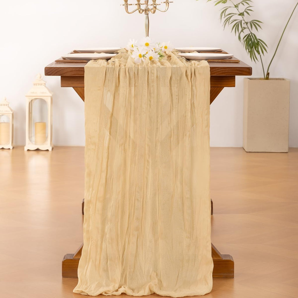 Socomi Gold Champagne Cheesecloth Table Runner - 120 Inch Rustic Gauze for Weddings & Events